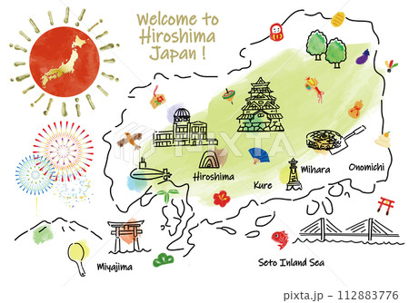 広島の観光地のかわいいイラストマップと縁起物 112883776