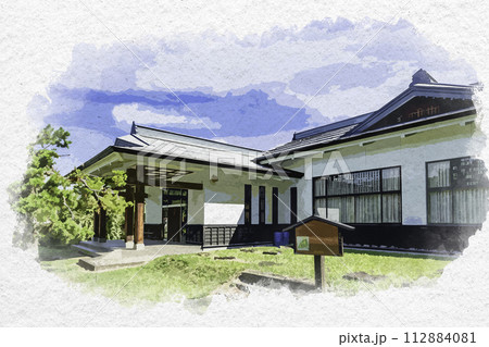 水彩画風　飯山城址公園　飯山市弓道場　長野県飯山市 112884081