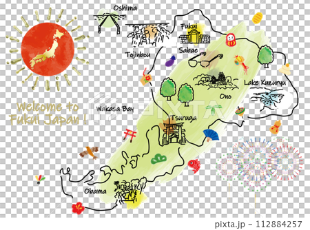 福井県の観光地のかわいいイラストマップと縁起物 112884257