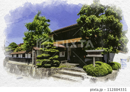 水彩画風　雲南　吉田町の町並み　鉄の歴史博物館　島根県雲南市 112884331