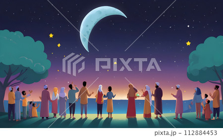 Muslim people praying in the night. Generative AI 112884453