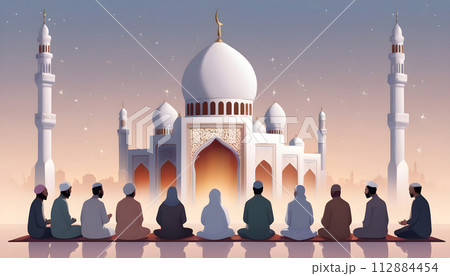 Muslim pilgrims praying in front of the mosque at sunset. Generative AI 112884454