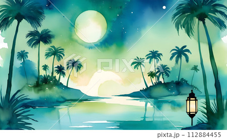 Night landscape with palm trees and lanterns. Generative AI 112884455