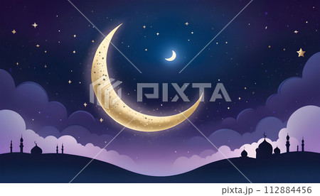 Night sky with moon and mosque. Ramadan Kareem background. Generative AI 112884456