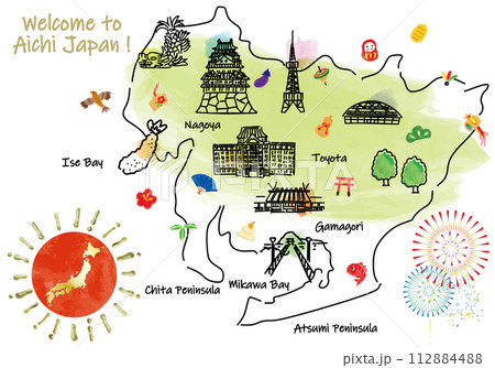 愛知県の観光地のかわいいイラストマップと縁起物 愛知県の観光地のかわいいイラストマップと縁起物 112884488