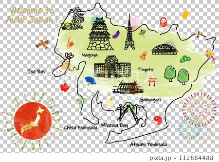 愛知県の観光地のかわいいイラストマップと縁起物 112884488