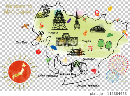 愛知県の観光地のかわいいイラストマップと縁起物 愛知県の観光地のかわいいイラストマップと縁起物 112884488