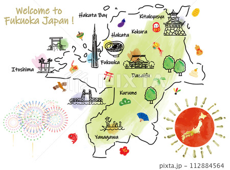 福岡県の観光地のかわいいイラストマップと縁起物 112884564