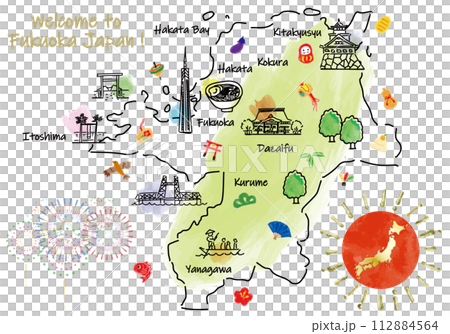 福岡県の観光地のかわいいイラストマップと縁起物 112884564