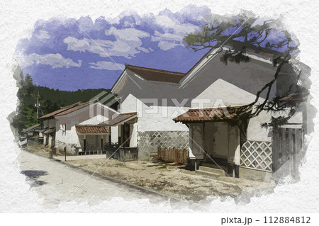 水彩画風 雲南 吉田町の町並み 田部家土蔵群 島根県雲南市 水彩画風 雲南 吉田町の町並み 田部家土蔵群 島根県雲南市 112884812