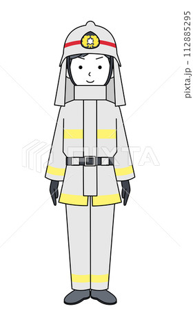 きをつけ 消防士(防火服)のイラスト きをつけ 消防士(防火服)のイラスト 112885295