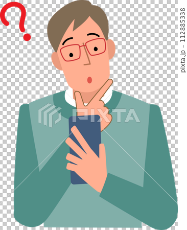 一名男子一邊看智慧型手機一邊歪著頭的上半身 112885338