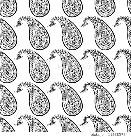 Monohcrome seamless pattern with Paisley motifs on white background 112885784