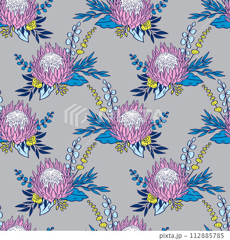 Seamless pattern with protea flowers on gray background 112885785