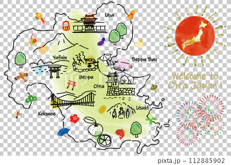 大分県の観光地のかわいいイラストマップと縁起物 112885902