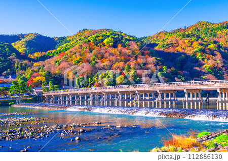 嵐山の紅葉と渡月橋 112886130