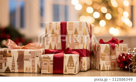 Christmas gift wrapping idea for boxing day and winter holidays in the English countryside tradition 112886349