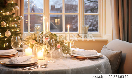 Table decor for festive family dinner at home, holiday tablescape and table setting, formal for wedding, celebration, English country and home styling 112886350