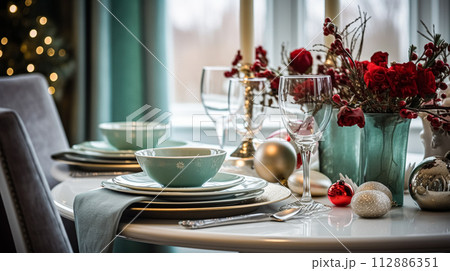 Christmas holiday family breakfast, table setting decor and festive tablescape, English country and home styling 112886351