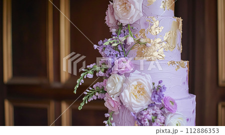 Wedding decor with lavender theme, floral decoration design and beautiful decor setting arrangement 112886353