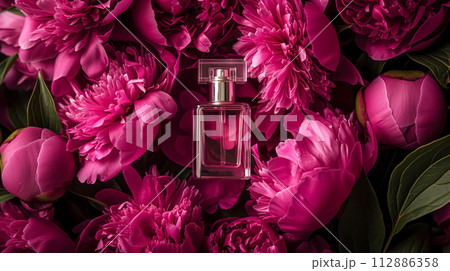 Perfume bottle in flowers, fragrance on blooming background, floral scent and cosmetic product 112886358
