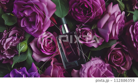 Perfume bottle in flowers, fragrance on blooming background, floral scent and cosmetic product 112886359