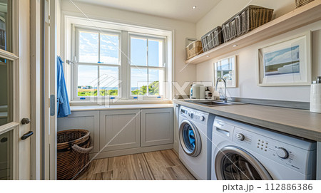 Utility room in white coastal cottage, home decor and interior design Utility room in white coastal cottage, home decor and interior design 112886386