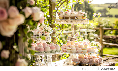 Wedding decoration in the cottage, floral country wedding decor, cake and event celebration, English countryside style 112886402