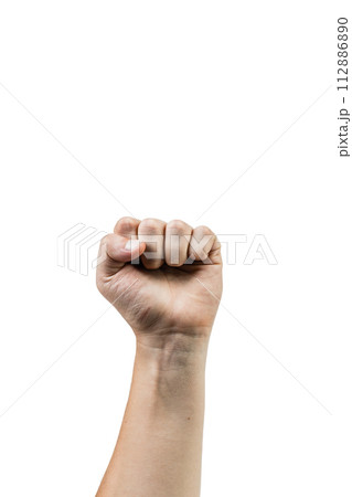 A man's hand with a fist raised in the air. 112886890