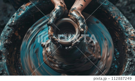 AI-generated content. Artisan shaping pottery on a wheel with clay-covered hands 112887249