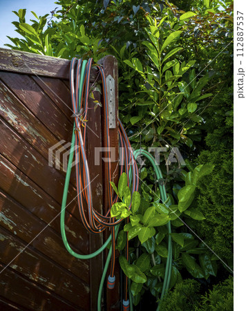 Hose hanging over wooden garden fence 112887537