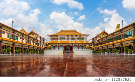 Temple court at the Taiwanese style temple named Fo Guang Shan Thaihua, located in Khlong Sam Wa district, Bangkok, Thailand. 112887626