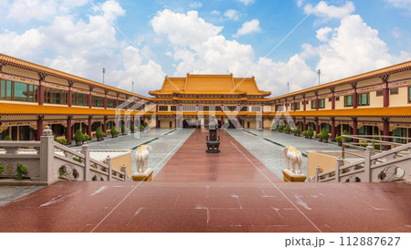Temple court at the the Taiwanese style temple named Fo Guang Shan Thaihua, located in Khlong Sam Wa district, Bangkok, Thailand. 112887627