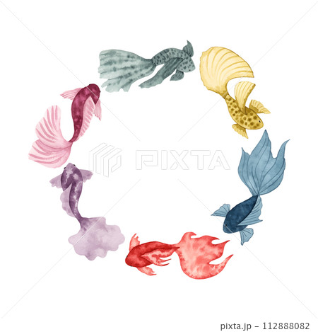 Round wreath of watercolor fish.Hand illustration.Simple, stylized style. Solid color sea animals. Underwater world of marine wildlife.Ocean and sea.Vector frame. 112888082
