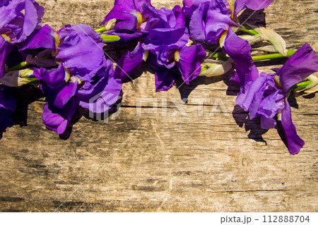 Purple iris flowers on wooden background with copy space Purple iris flowers on wooden background with copy space 112888704