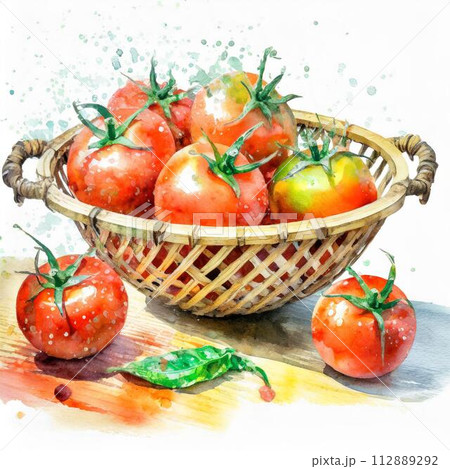 竹ざるに乗せたトマト（水彩画風）　白バック　白背景 112889292