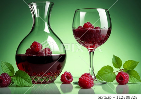 raspberry liqueur, wine in a glass isolated on a green background 112889828
