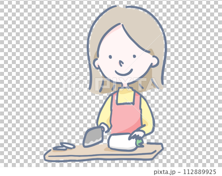 Illustration of a woman in an apron cutting vegetables 112889925