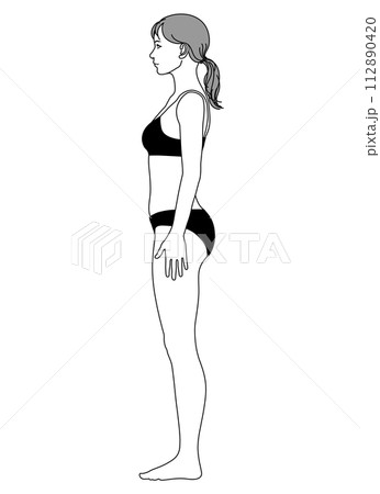 姿勢改善 姿勢矯正 背筋を伸ばして正しく良い姿勢の日本人女性のイラスト 全身横向き 横顔 112890420