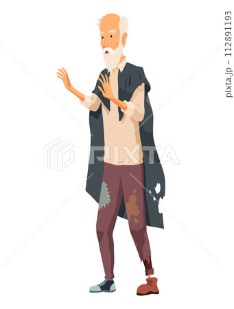 Homeless old man. Cartoon flat character illustration Homeless old man. Cartoon flat character illustration 112891193