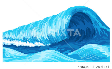Ocean waves, splash water, marine sea storm element. Blue sea or ocean wave with spray, foam on crest. Vector illustration Ocean waves, splash water, marine sea storm element. Blue sea or ocean wave with spray, foam on crest. Vector illustration 112891231