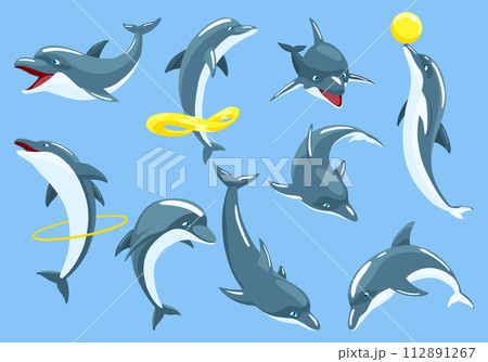 Dolphin cartoon characters set isolated on white. Sea life blue fish or wild nature animals in different poses. Vector illustration of ocean mammal in motion 112891267