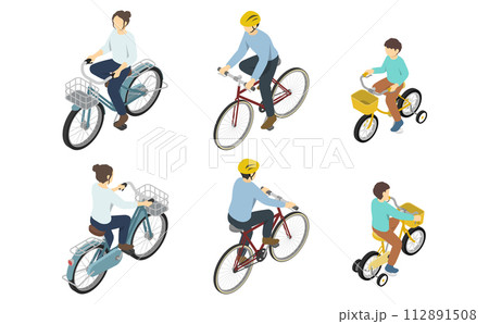 アイソメトリックイラスト:自転車に乗る人々 112891508