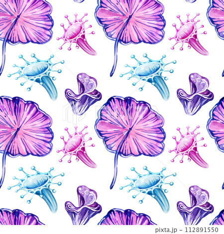 neon watercolor seamless pattern with fantastic multicolor cosmic mushrooms isolated on white background, hand draw illustration of magic colorful plant, fungus, magenta, lilac, purple, blue colors neon watercolor seamless pattern with fantastic multicolor cosmic mushrooms isolated on white background, hand draw illustration of magic colorful plant, fungus, magenta, lilac, purple, blue colors 112891550