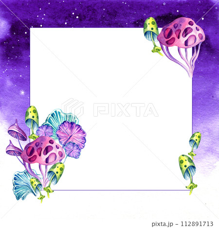 neon watercolor frame of fantastic multicolor cosmic mushrooms and stars with white background, hand draw illustration of magic colorful plant, fungus, magenta, lilac, purple colors 112891713