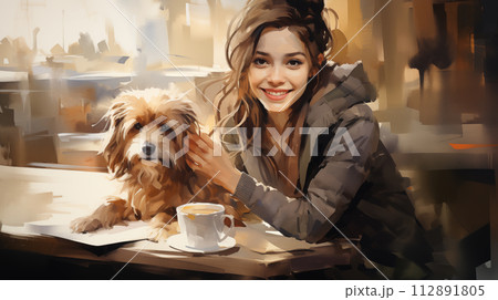 AI-generated content. A cheerful woman enjoys a cup of coffee with her dog, depicted in a vibrant digital painting. AI-generated content. A cheerful woman enjoys a cup of coffee with her dog, depicted in a vibrant digital painting. 112891805