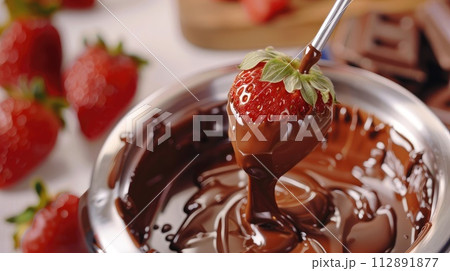 Dipping strawberry into fondue pot with chocolate on white table Dipping strawberry into fondue pot with chocolate on white table 112891877
