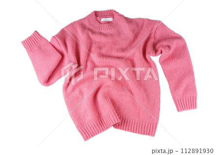 Pink flying crumpled women's autumn knitted sweater isolated on white background Pink flying crumpled women's autumn knitted sweater isolated on white background 112891930