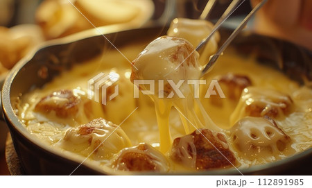 AI-generated content. Delicious cheese fondue with dipping forks coated in melted cheese 112891985