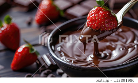 AI-generated content. Fondue fork with strawberry in bowl of melted chocolate.  AI-generated content. Fondue fork with strawberry in bowl of melted chocolate.  112891986